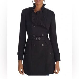 White House Black Market Ruffle Black Trench Coat - Size Medium